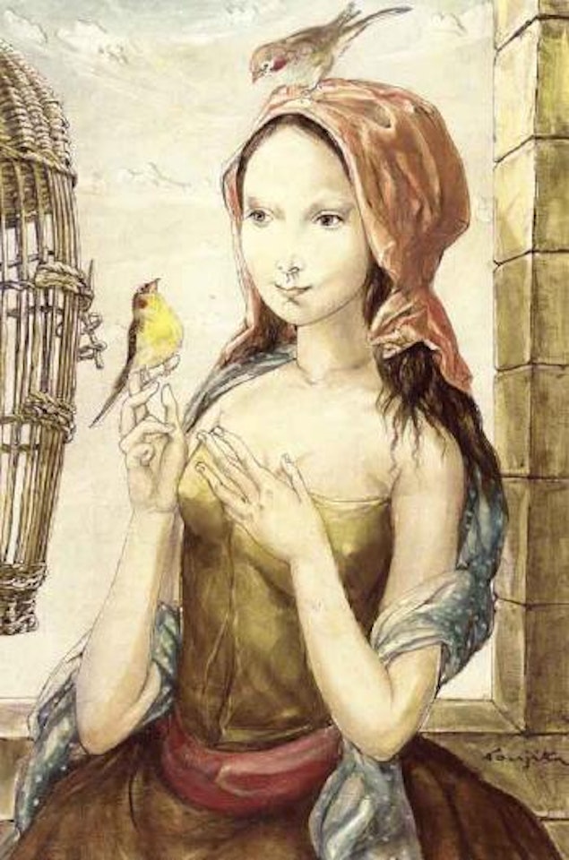 Jeune fille a la cage aux oiseaux by Leonard Tsuguharu Foujita