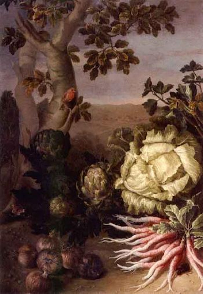 Still life with a cabbage, artichoke, radishes and onions in a landscape with a mouse, bird and moth by French School