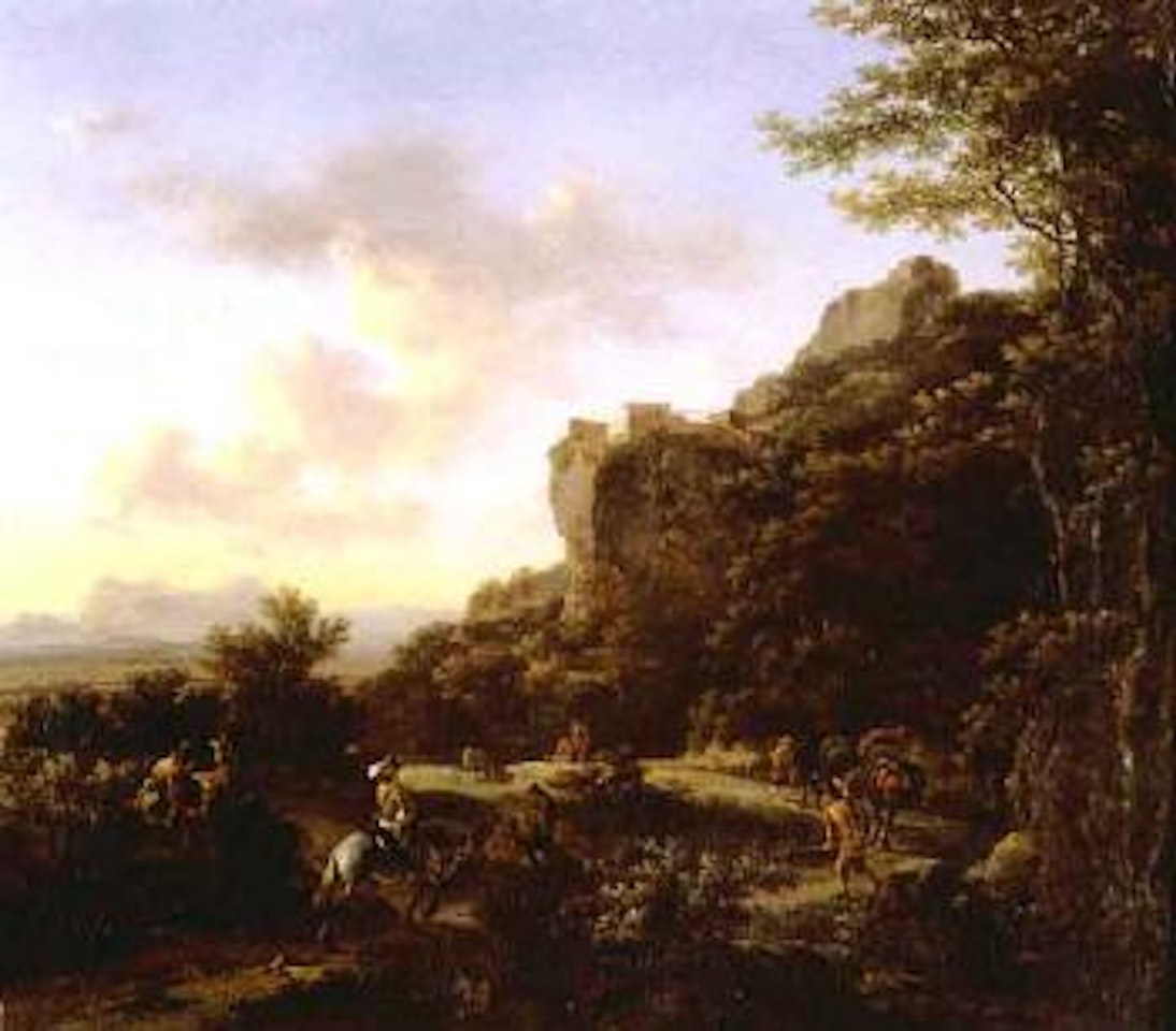 Mountainous landscape with travellers along a road by Jan Both