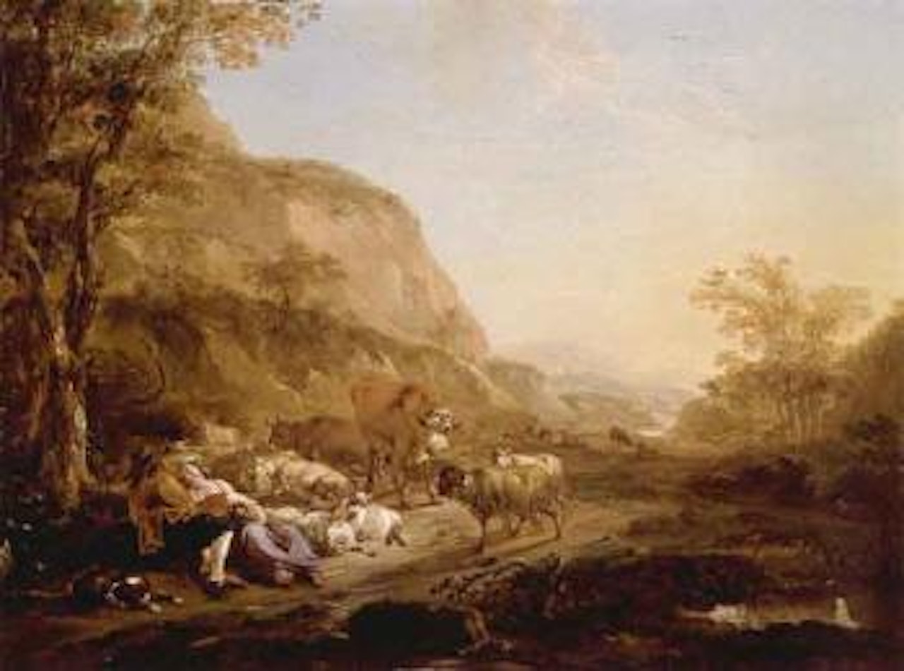 Evening landscape with a couple resting below a tree surrounded by cattle, goat and sheep by Nicolaes Pietersz Berchem