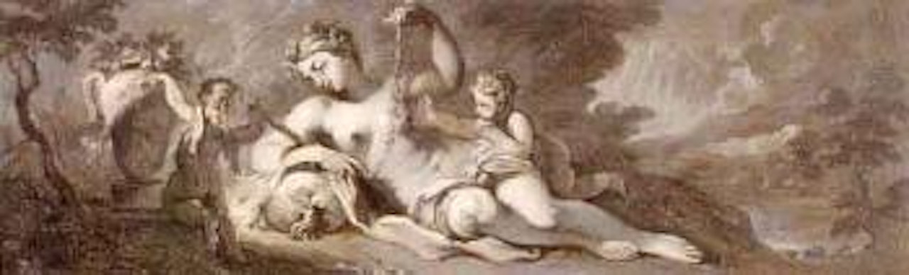 Reclining female figure with putti draping flower over an urn by BOLOGNESE SCHOOL