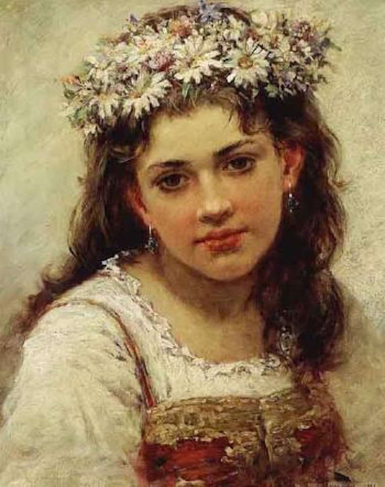 Portrait of a young girl with flowers in her hair by Konstantin Makovsky