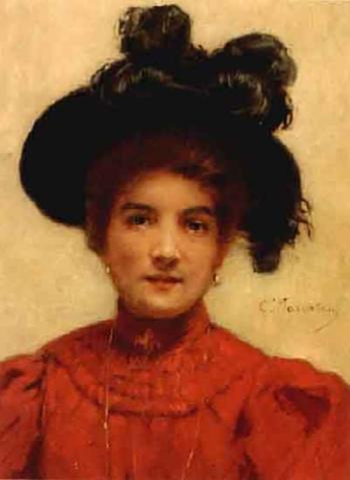 Portrait of a lady in red by Konstantin Makovsky