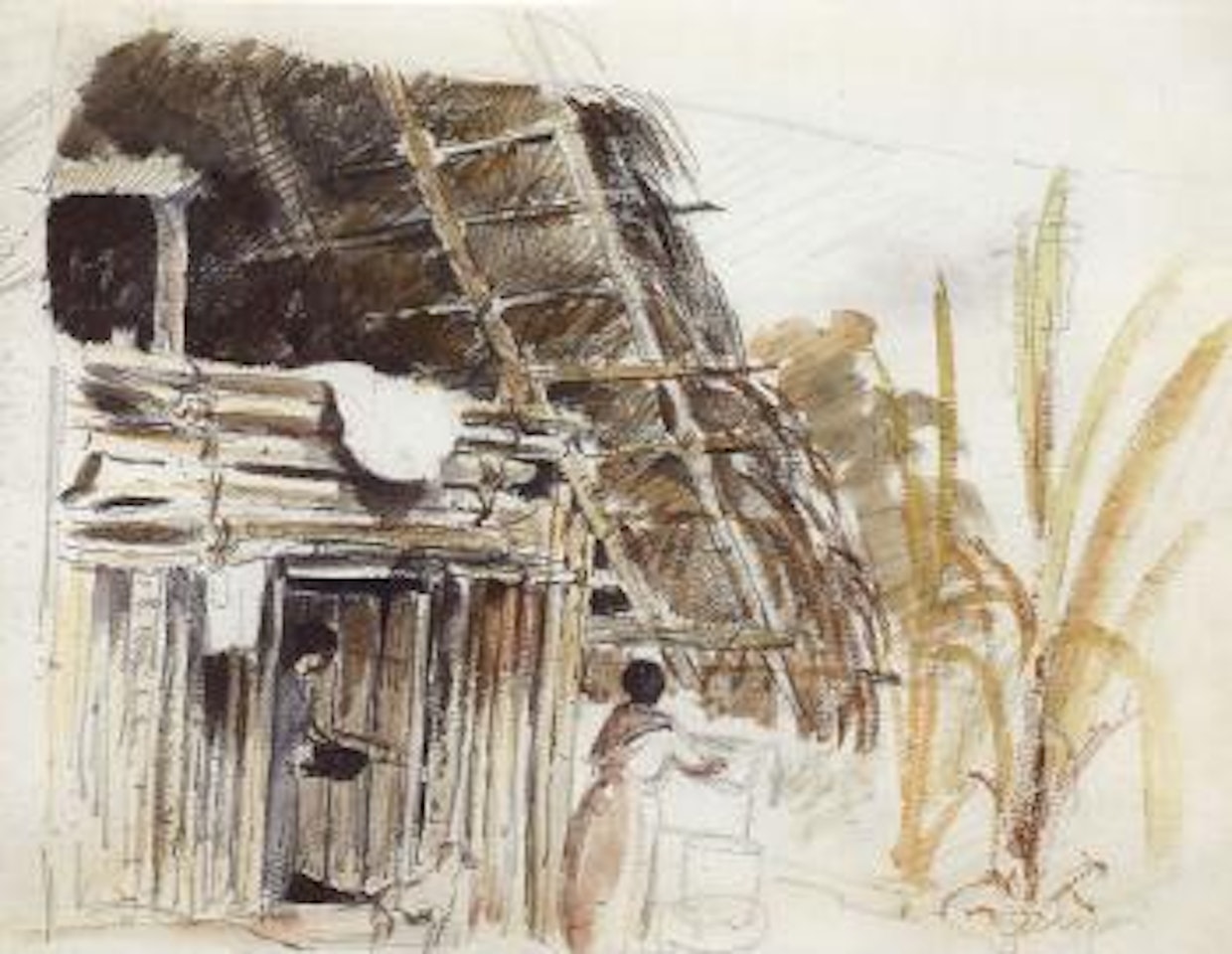 Hut with tow women and dog in the foreground. Studies of women and men in a hat by Camille Pissarro