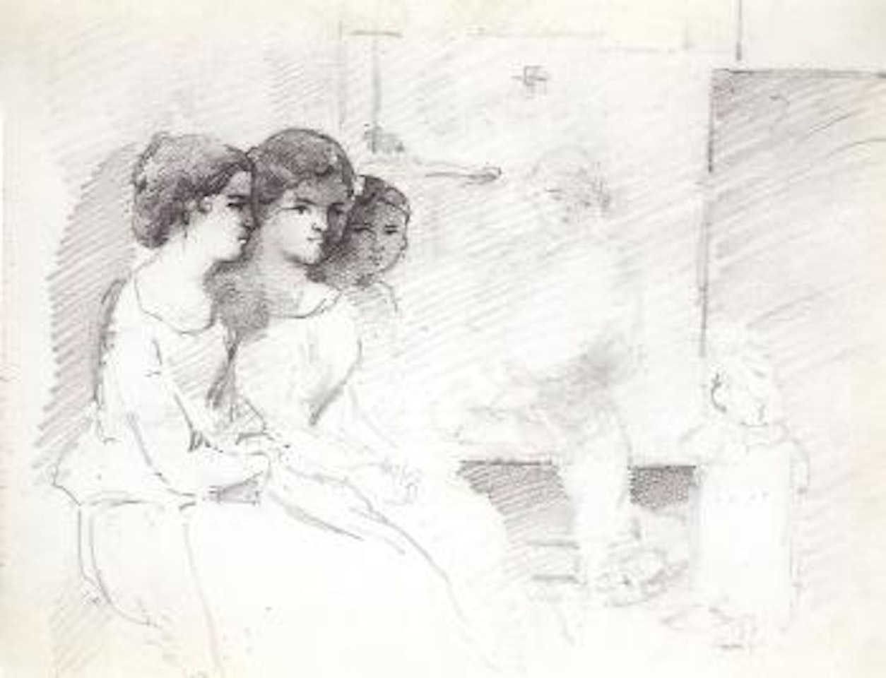Three women seated in an interior. Studies of woman kneeling on her elbow by Camille Pissarro
