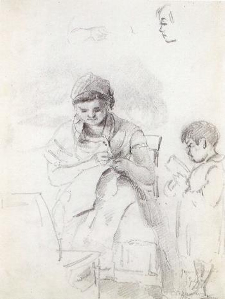 Seated woman sewing and a standing boy reading, study of woman's left arm. Palm trees by Camille Pissarro