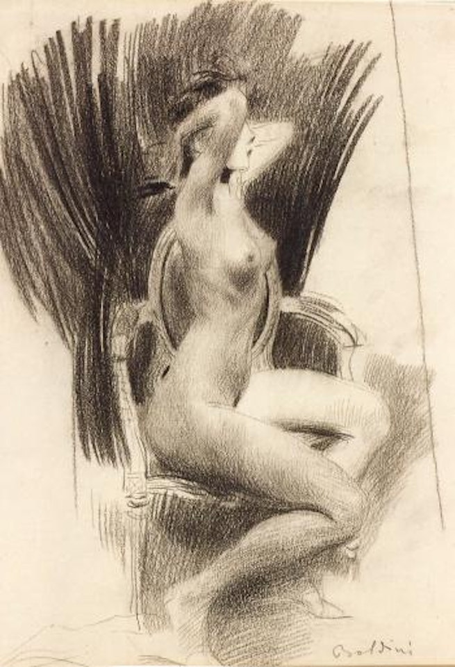 Female nude seated in an armchair by Giovanni Boldini