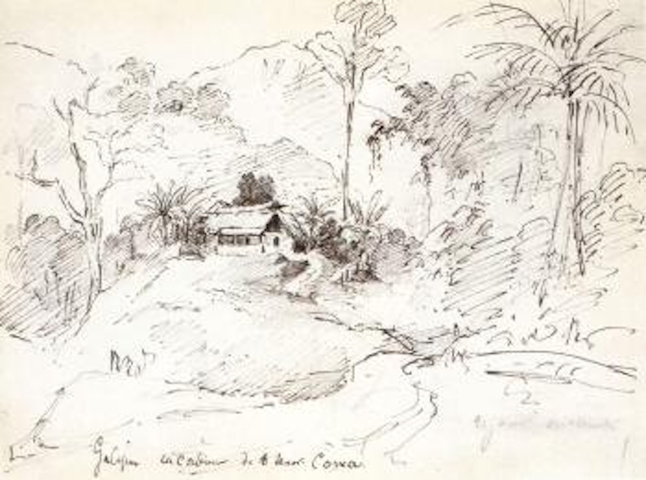 Senor Correa's hut in the forest. Large house with two Indians standing in front by Camille Pissarro