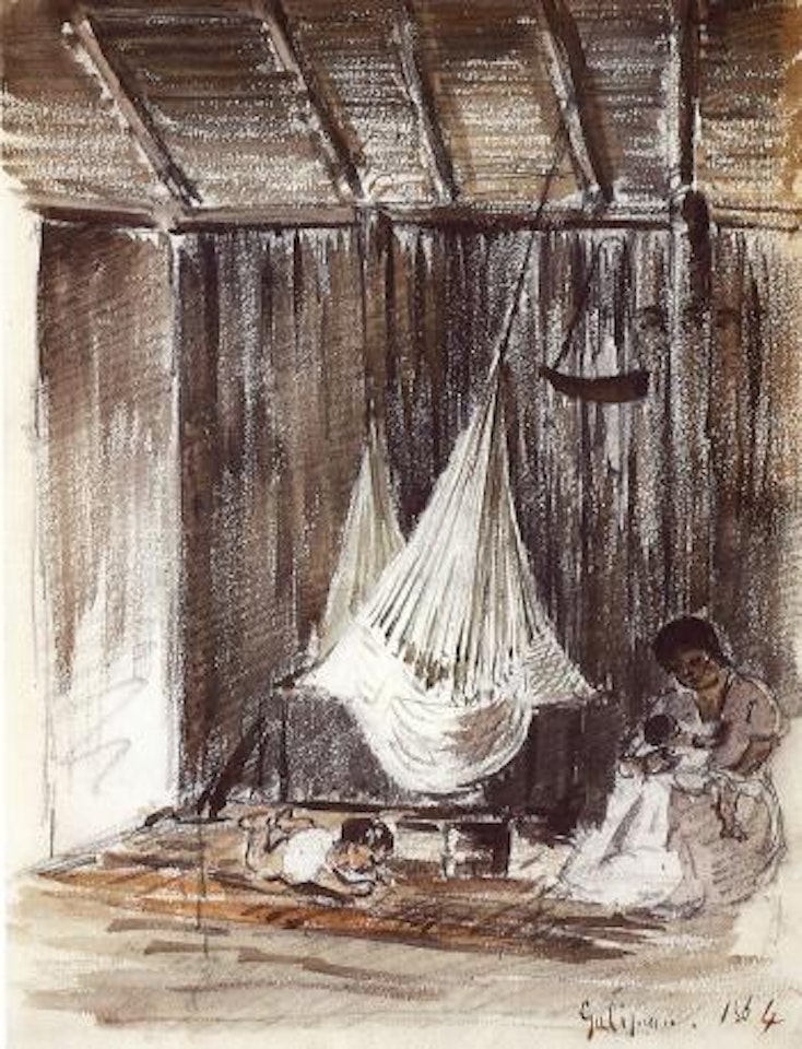 Interior of a hut with a hammock and an Indian mother with her two children. Palm trees by Camille Pissarro