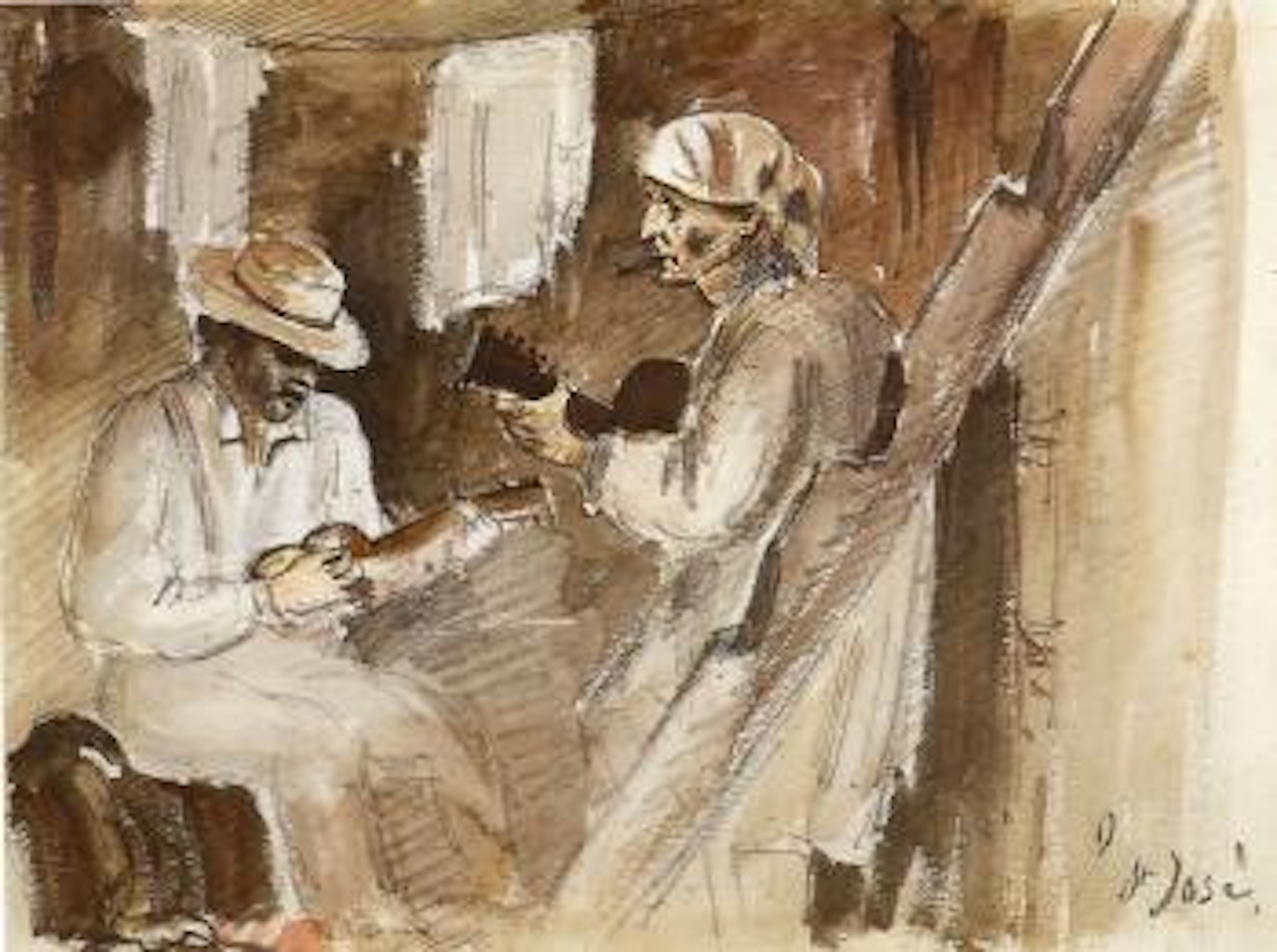 Two men playing the guitar in an interior. Group of men on a hilltop and other studies by Camille Pissarro