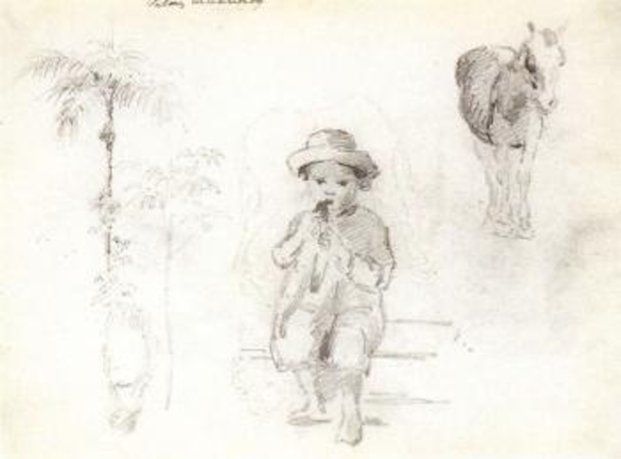 Seated boy eating, studies of horses. Palm trees by Camille Pissarro