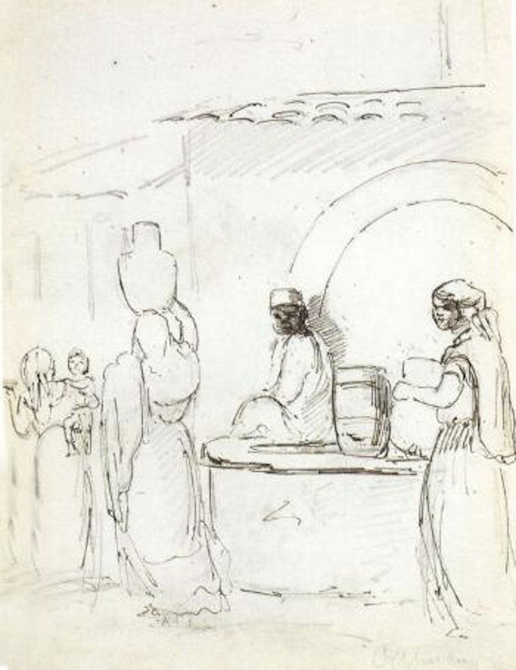 Group of Indians by a fountain. Two huts in the mountains by Camille Pissarro