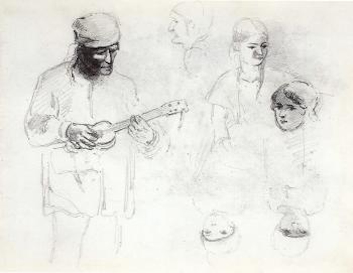 Man playing a small guitar with studies. Standing woman in profile by Camille Pissarro
