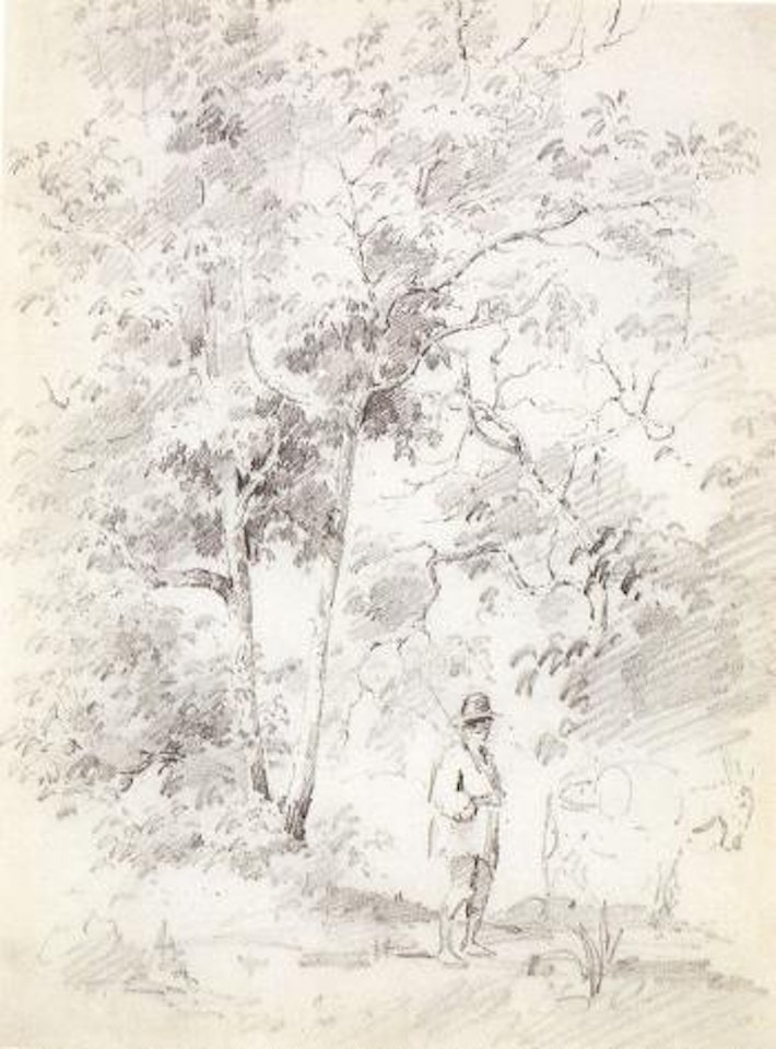 Man with a donkey in a forest. Group of figures before a house by Camille Pissarro