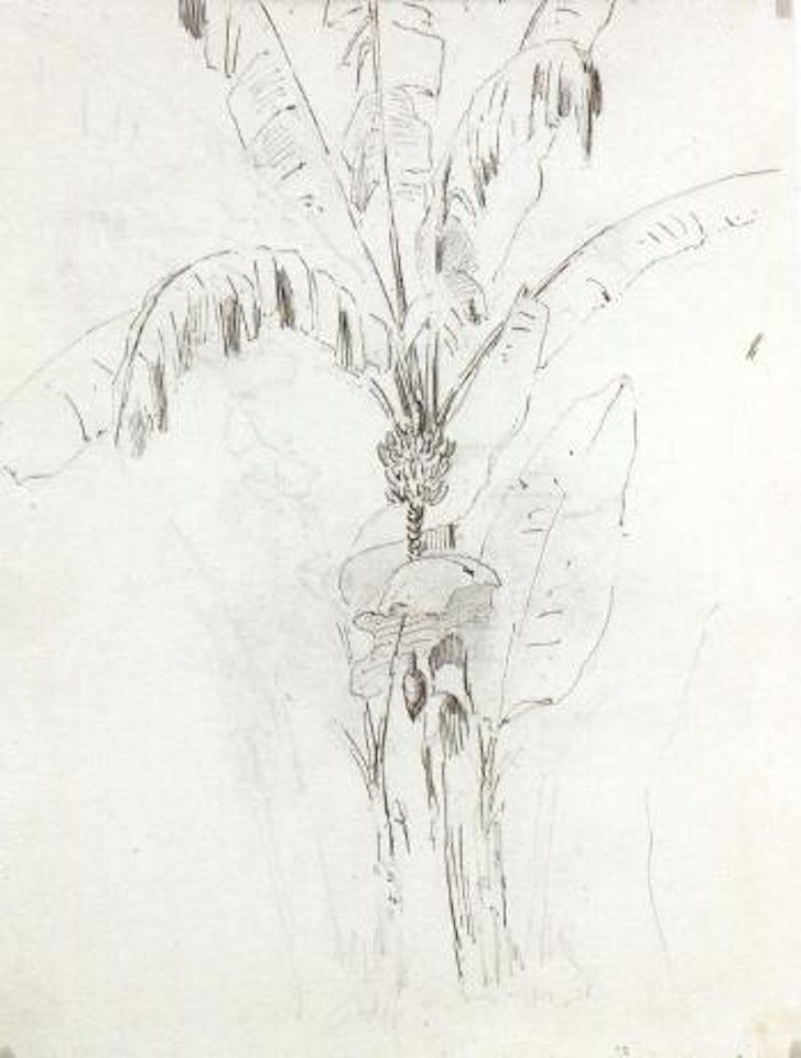Figures in front of a hut. Palm tree by Camille Pissarro