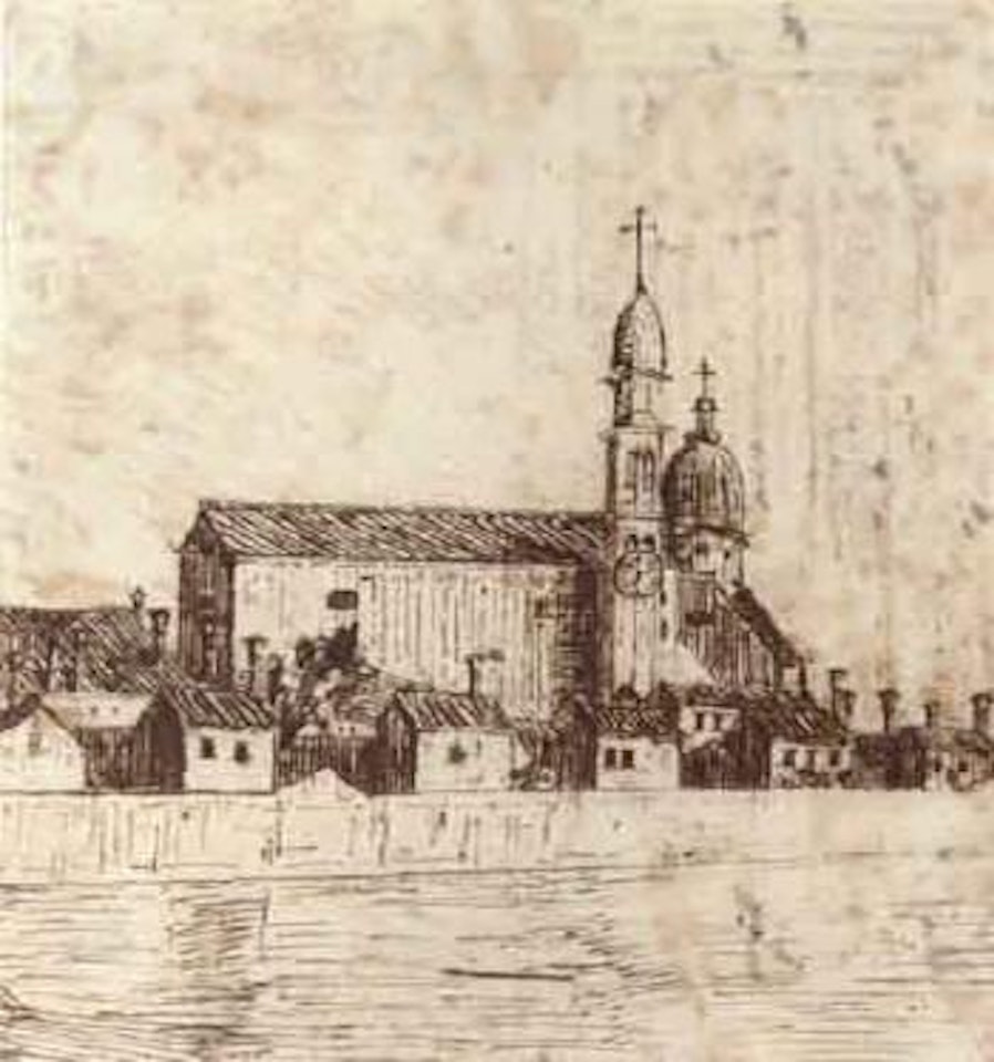 Architectural capriccio with figures and staircase. View of the Isola della Certosa with the church by Francesco Guardi