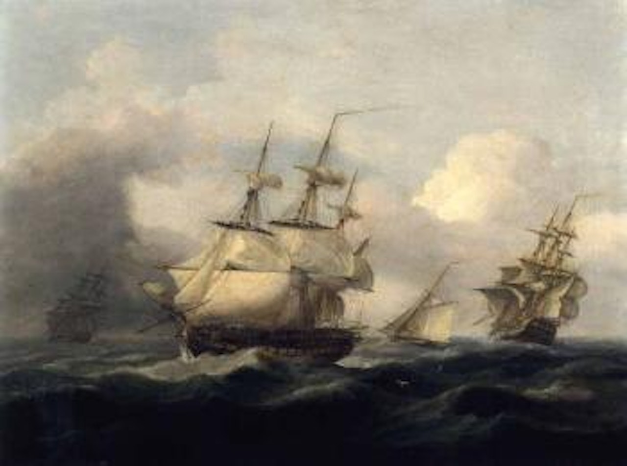 East Indiamen and cutter in a heavy swell by Thomas Luny