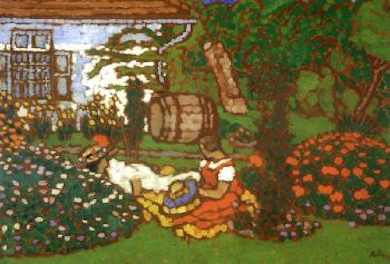 Seated figures in a garden with a large barrell by József Rippl-Rónai