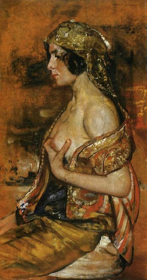 Partially dressed female holding her breast by Gyula Tornai