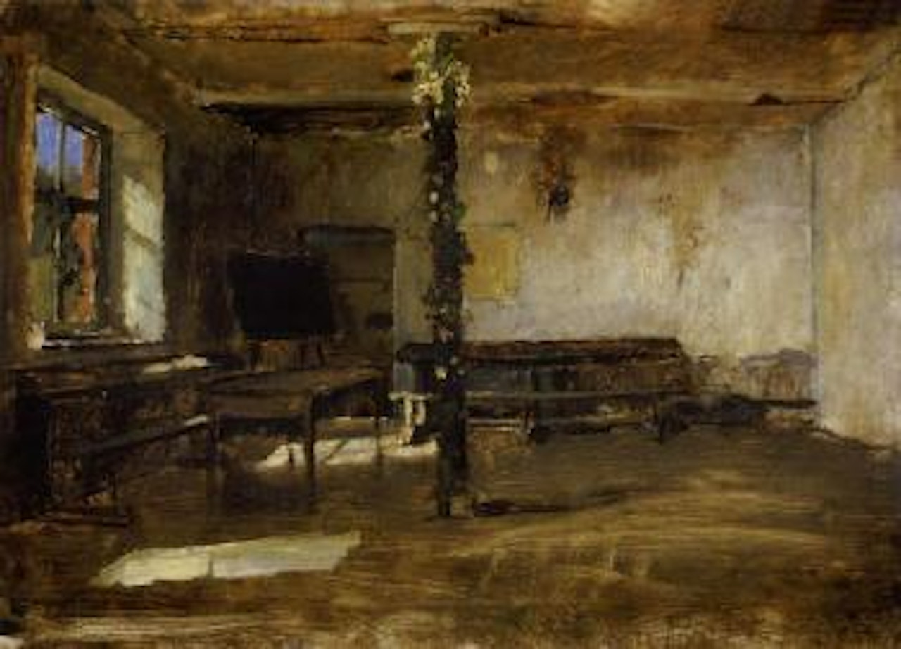 Interior of a room with a table and a pole in the centre by Michael von Munkacsy