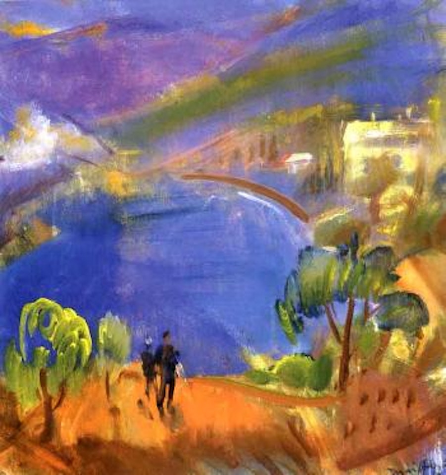 Figures in a landscape with a lake by Ödön Marffy