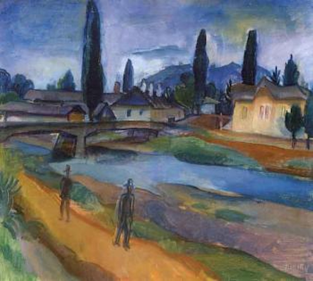 Figures walking alongside a canal with houses opposite by János Kmetty