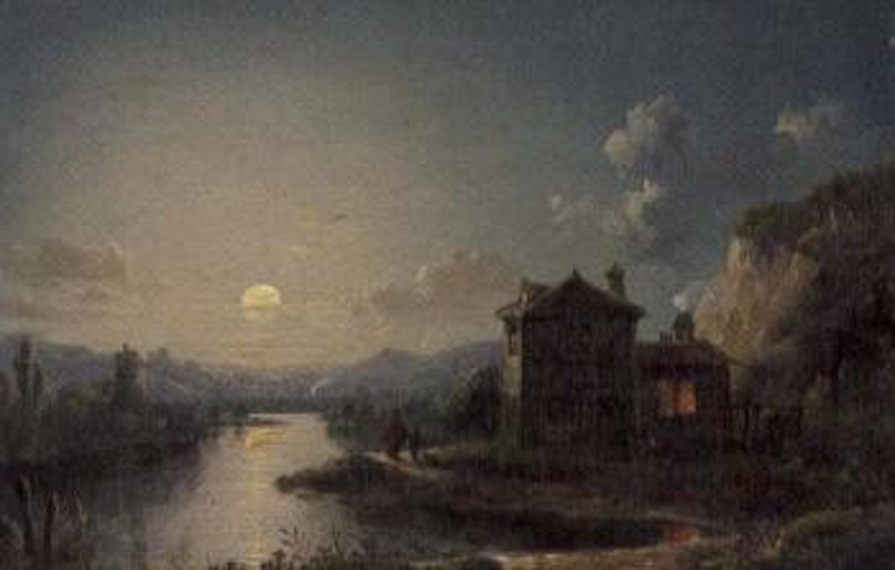 Figures by a cottage in a moonlit river landscape by Henry Pether