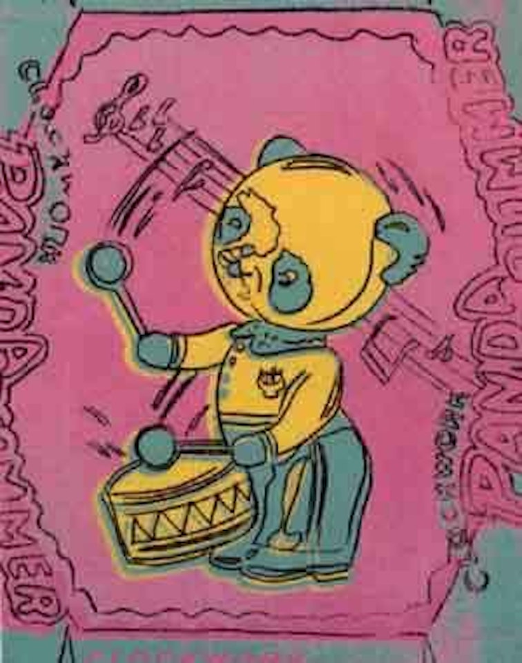 Toy painting, clockwork panda drummer by Andy Warhol