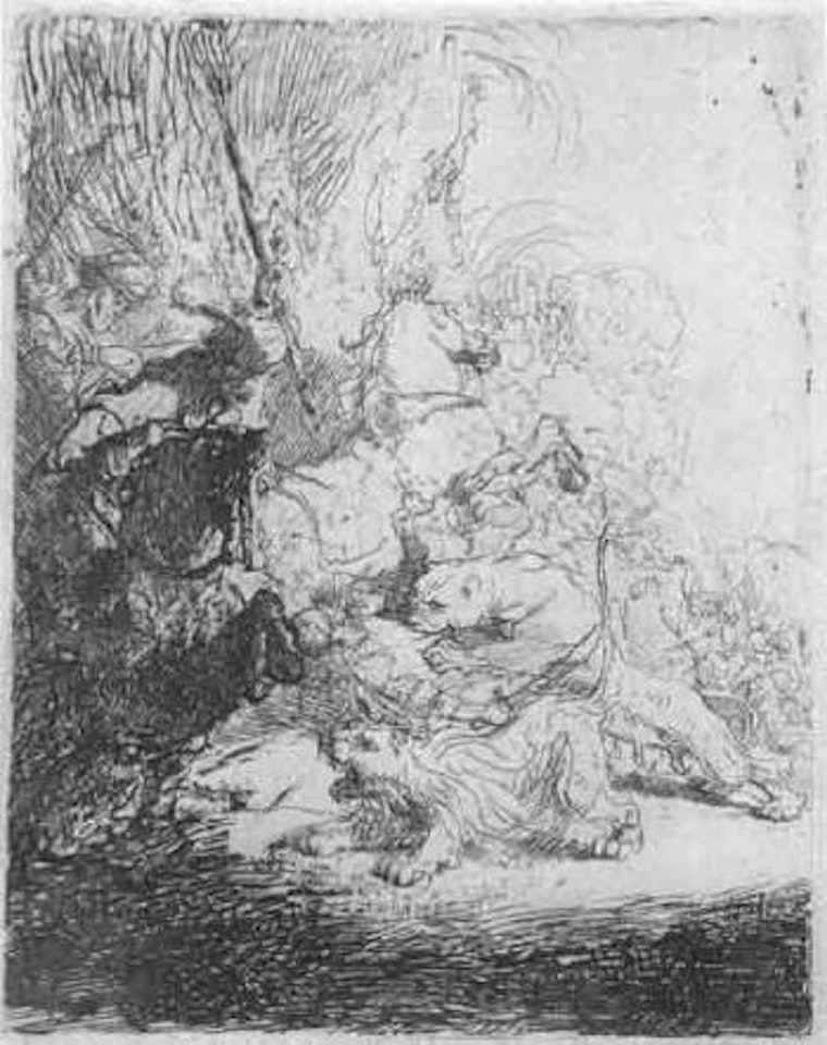 Little lion hunt by Attributed to Rembrandt Harmensz van Rijn