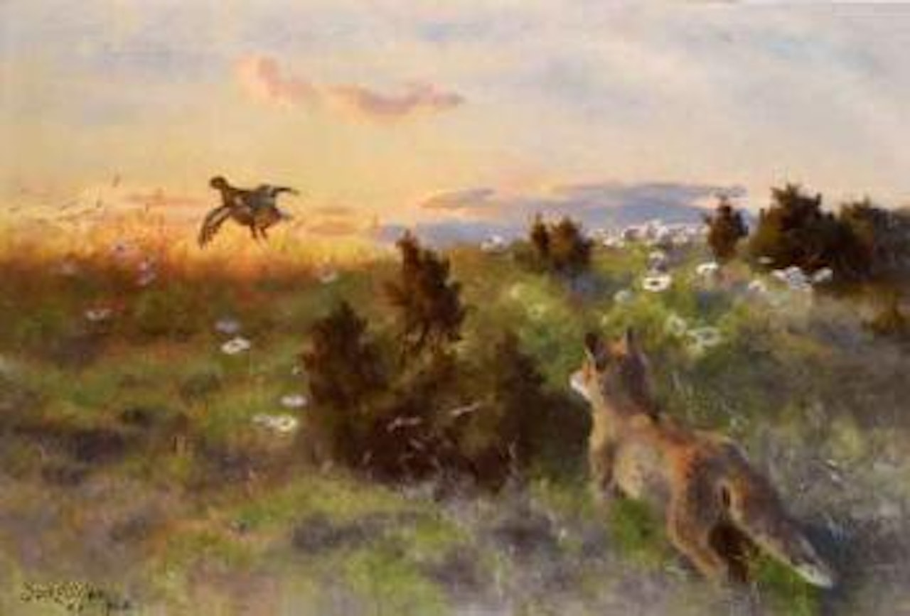 Landscape with fox and grouse by Bruno Liljefors