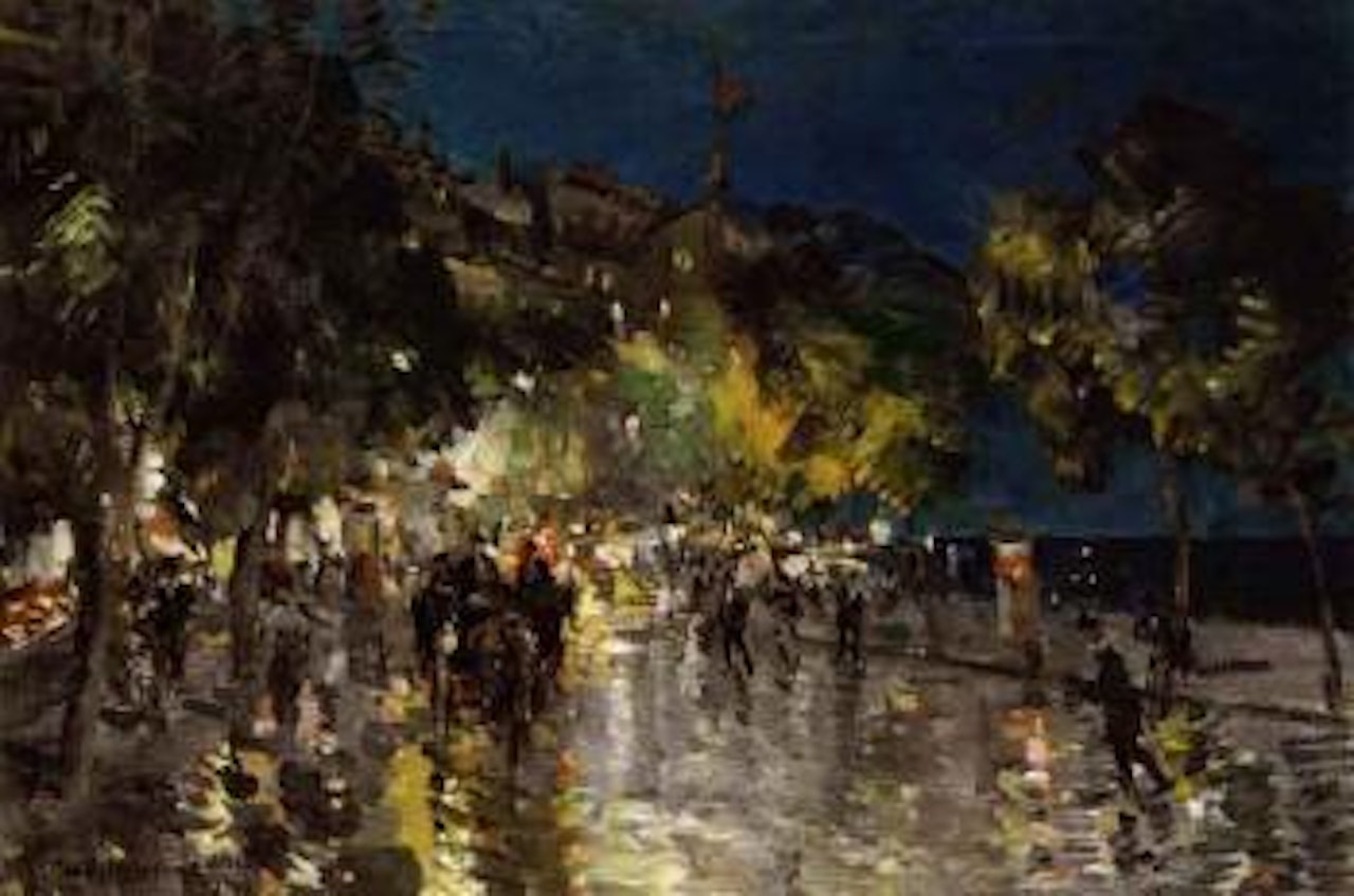 Street scene with horse taxies by Konstantin Alekseevich Korovin