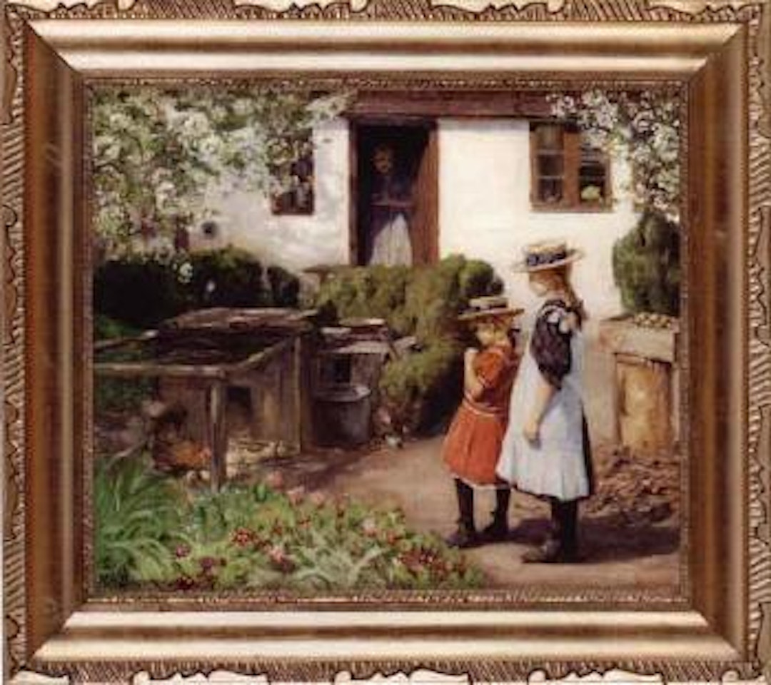 Farm yard with girls and chickens by Hans Andersen Brendekilde