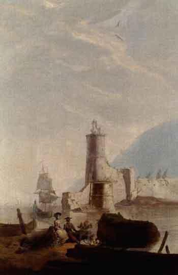 Harbour views with light-house and figures by Johan Pasch