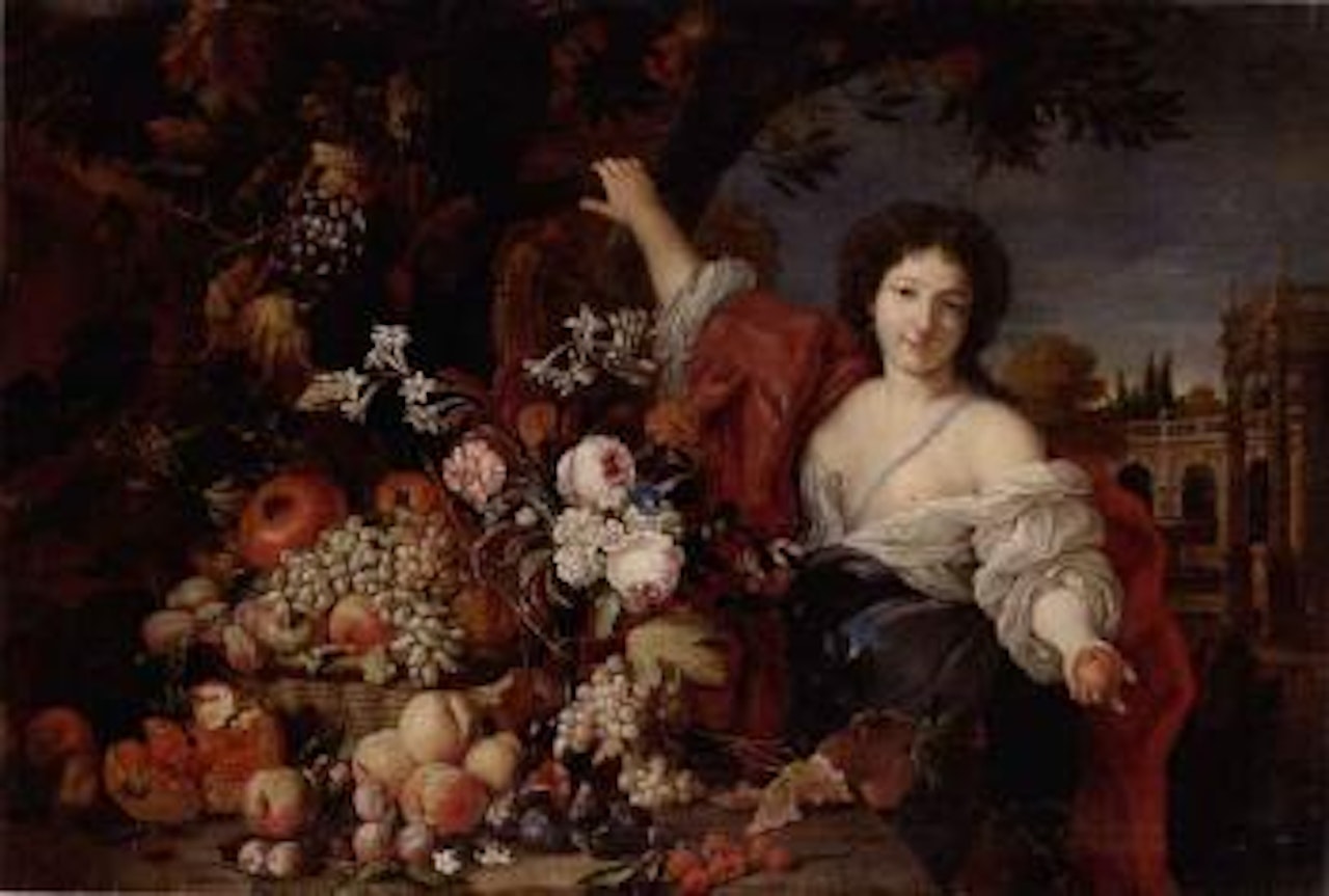Allegorical woman with flowers and fruit by Abraham Brueghel by Guillaume Courtois