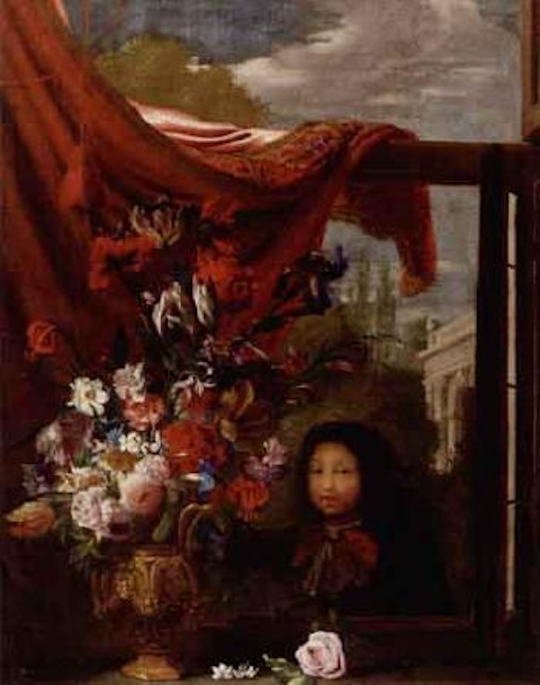 Still life of flowers and boy in classical landscape by Giuseppe Recco