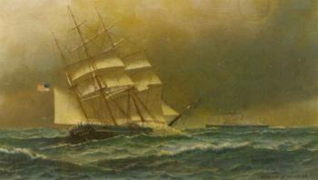 The Onaway Boston and a steamship in the distance by Antonio Jacobsen