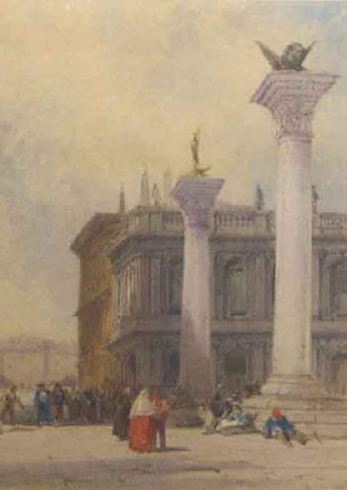 Venetian figures gathered around the columns at San Marco square, Venice by William Callow