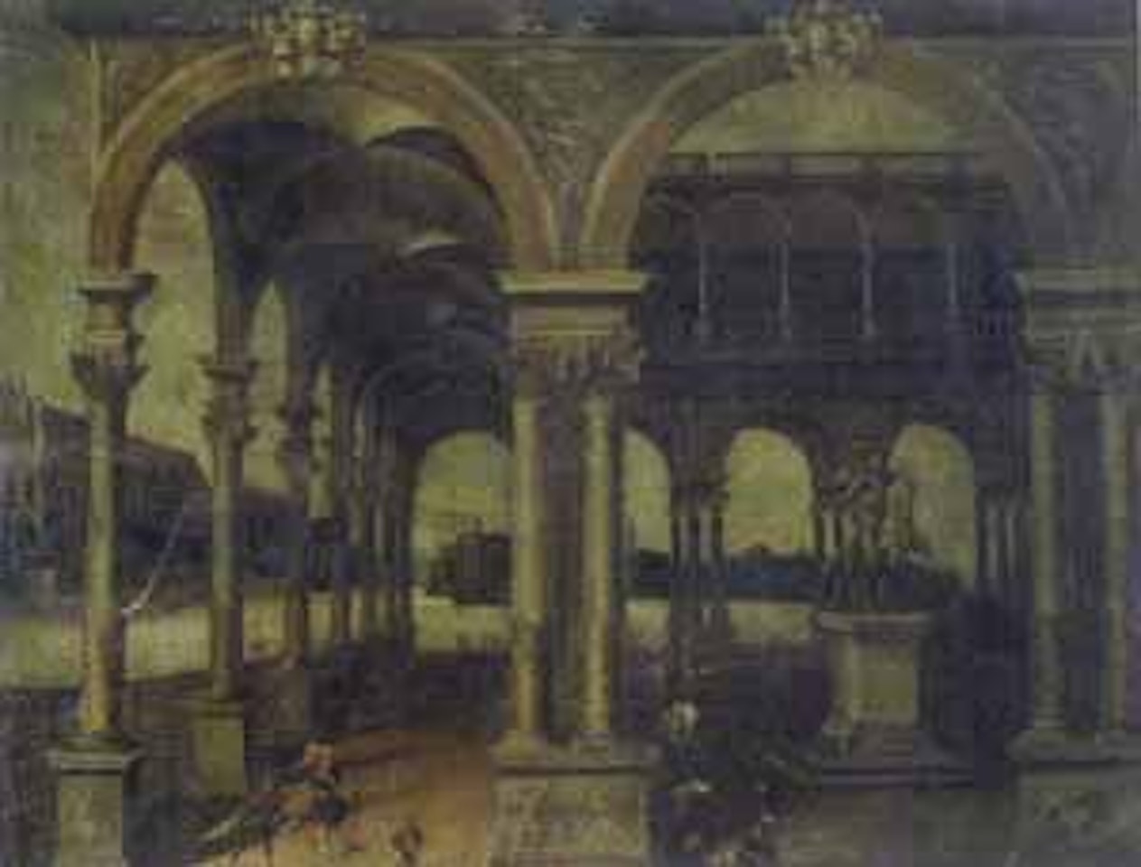 View of a loggia with strolling noblemen by Spanish School