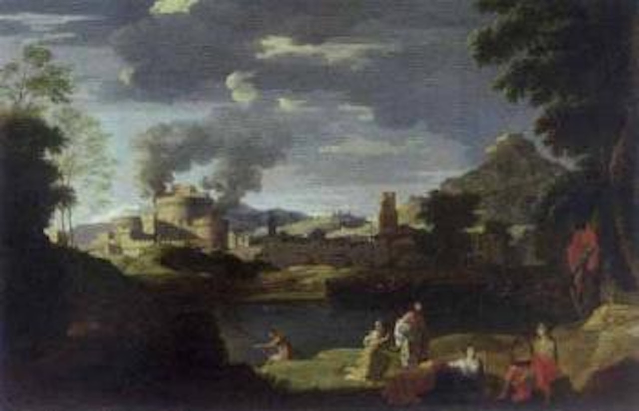 Italianate landscape with figures by a river and a fortress beyond by Nicolas Poussin