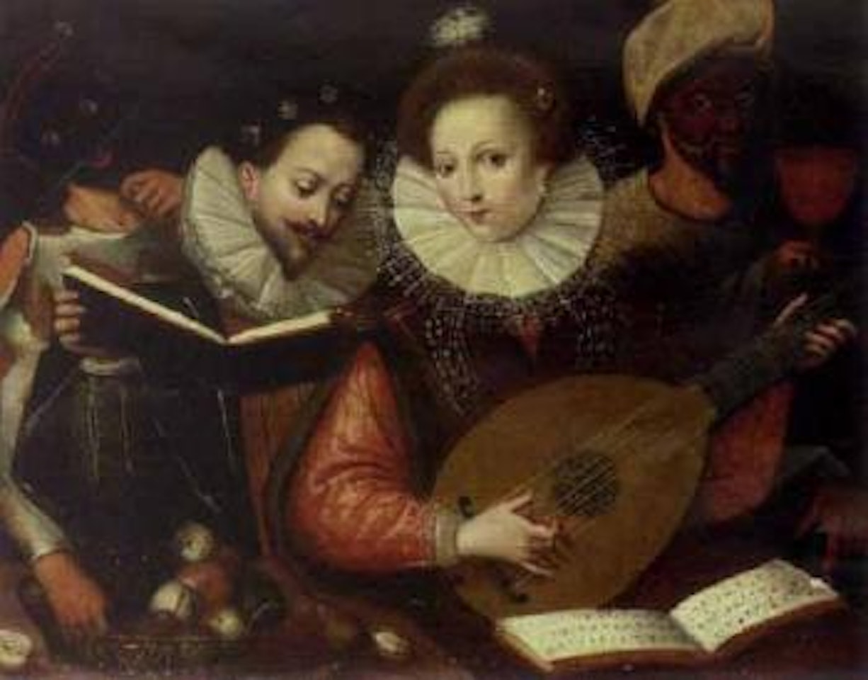Musicians with a lady playing the lute and masked figures by Flemish School