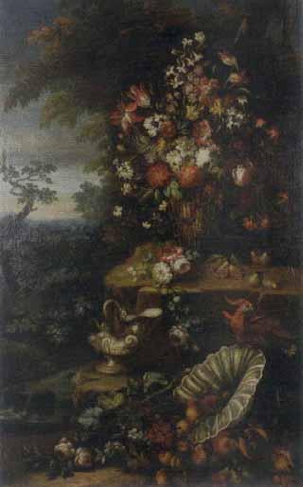 Still life with basket of flowers, fruit and parrot by Gasparo Lopez