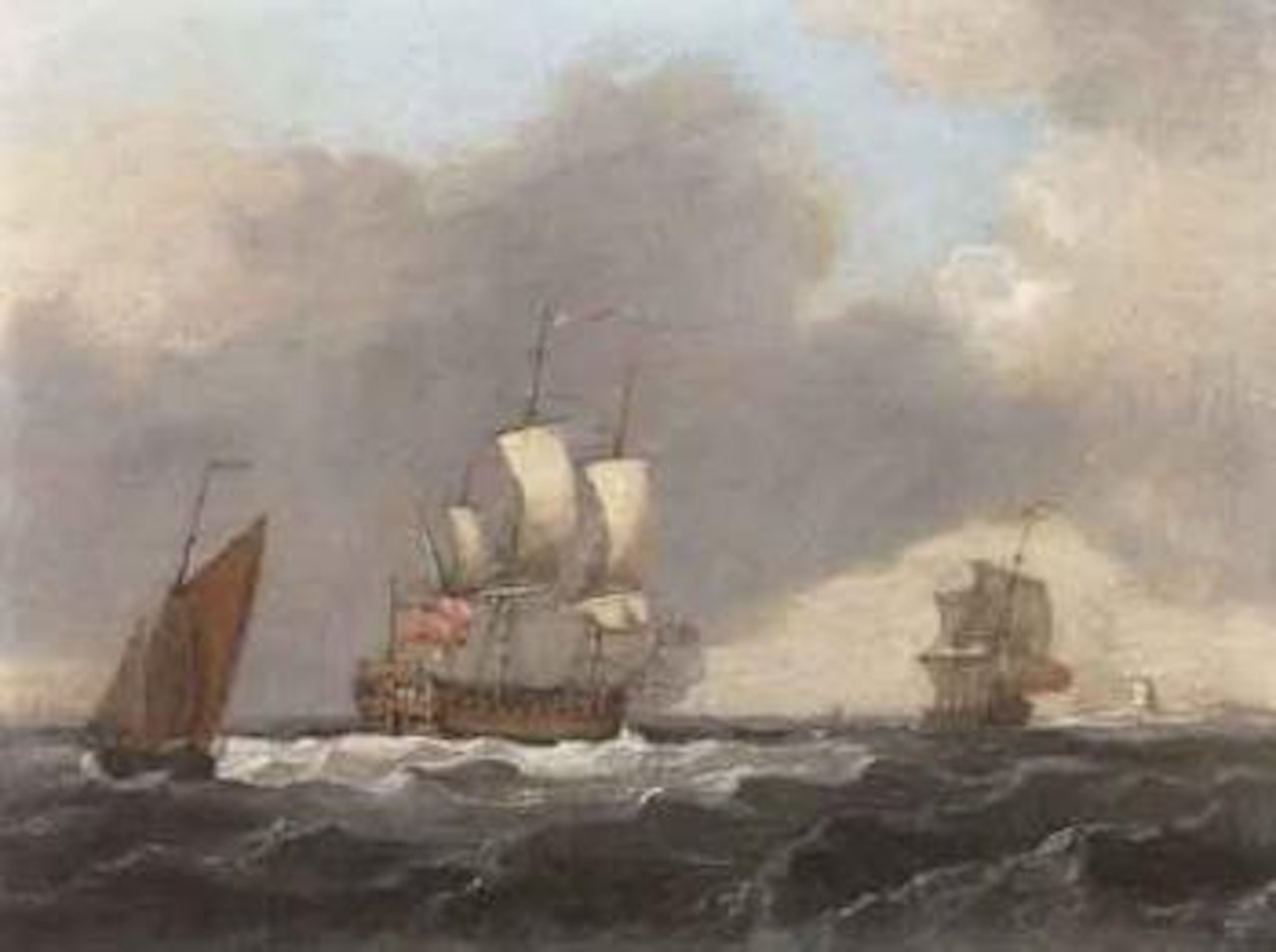 Sixth rate running up the Channel off the old Dungeness lighthouse by Francis Swaine