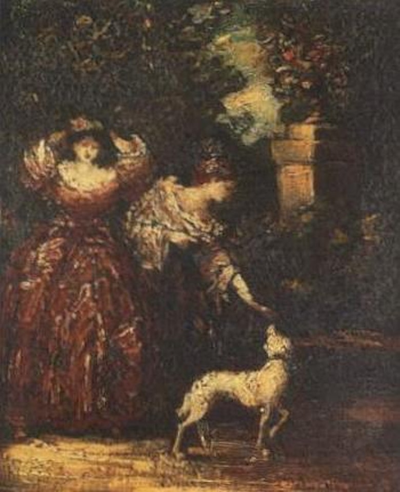 Two women with dog in park by Adolphe Monticelli