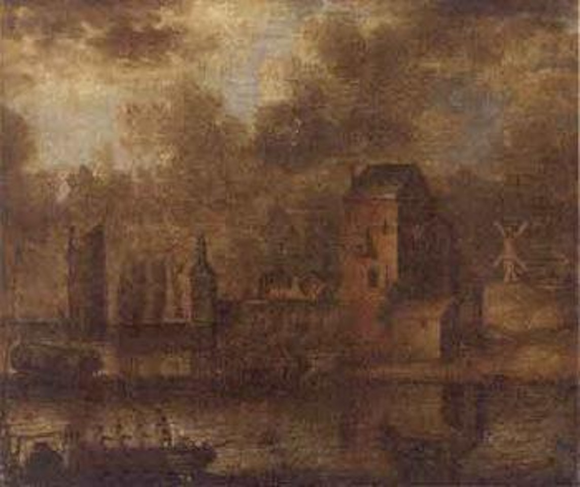 Riverside town with shipping by Pieter van de Velde