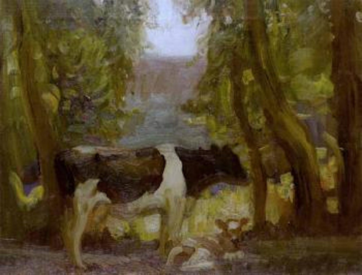 Fresian cow and calf among trees by Alfred James Munnings