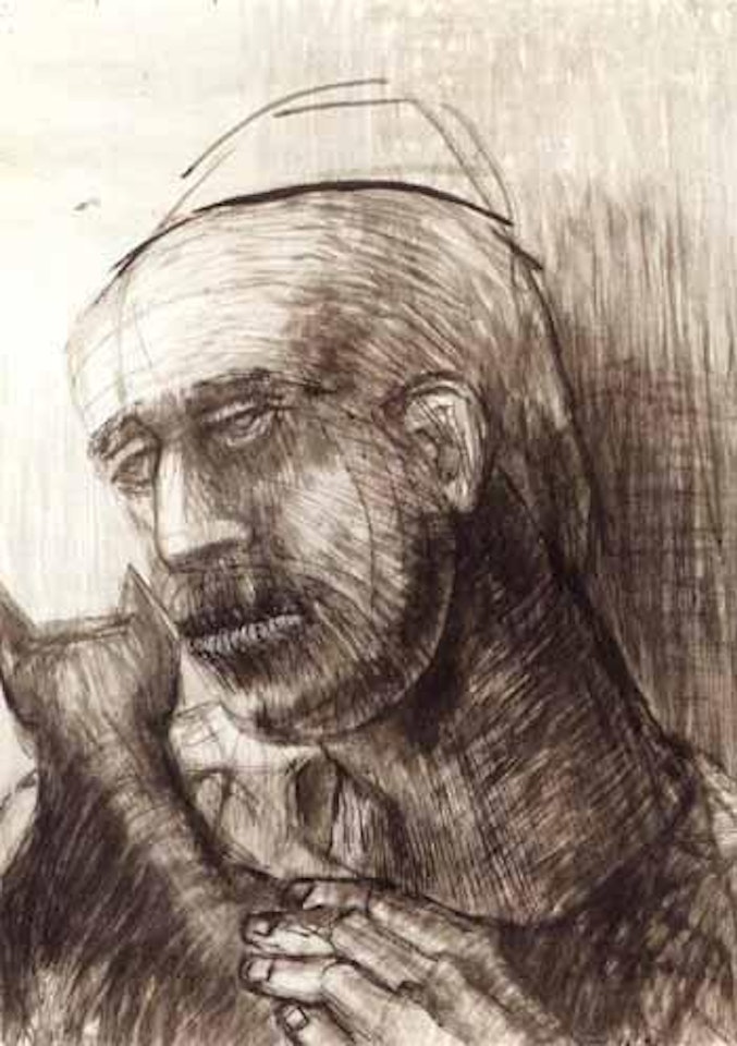 Portrait of a man holding a cat by Elisabeth Frink