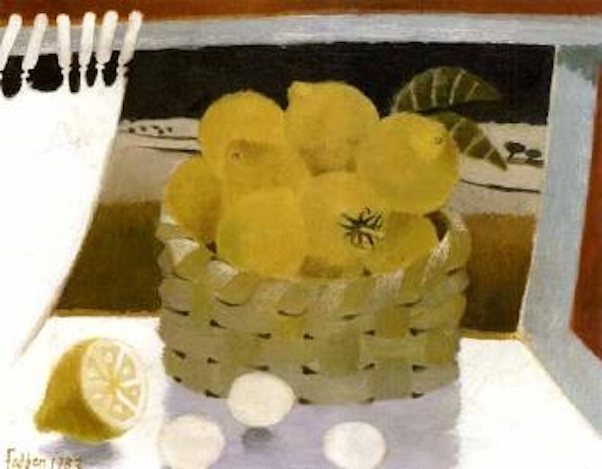 Basket of lemons with eggs on a windowsill by Mary Fedden