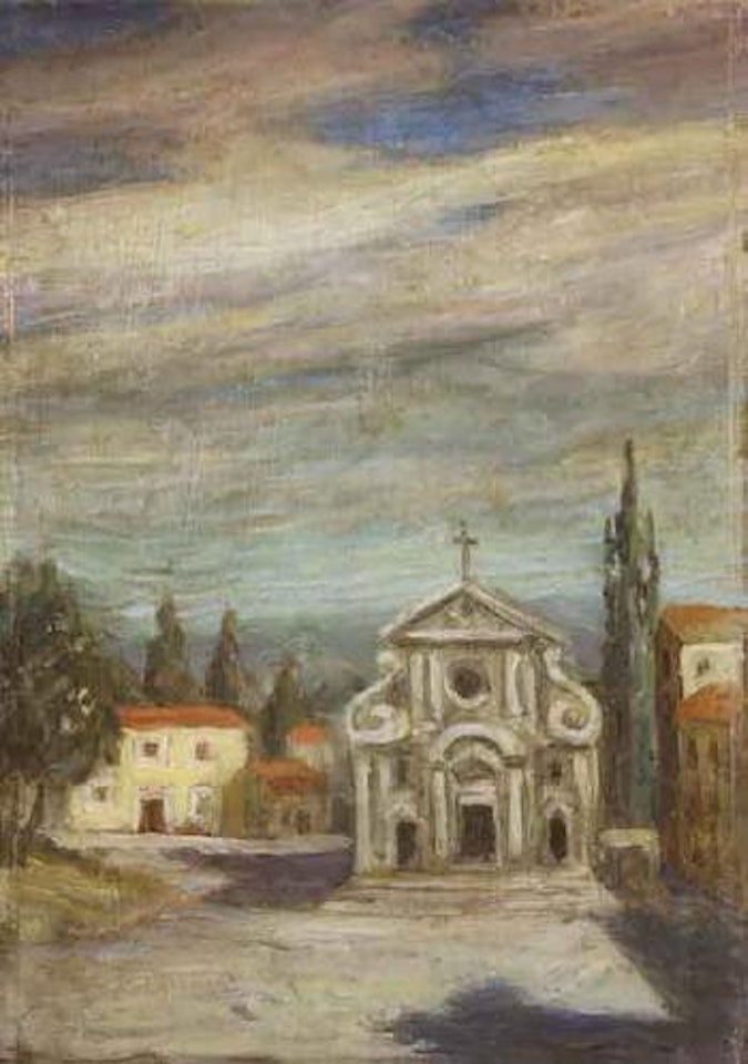 Landscape with church. Two women in landscape by Giorgio de Chirico