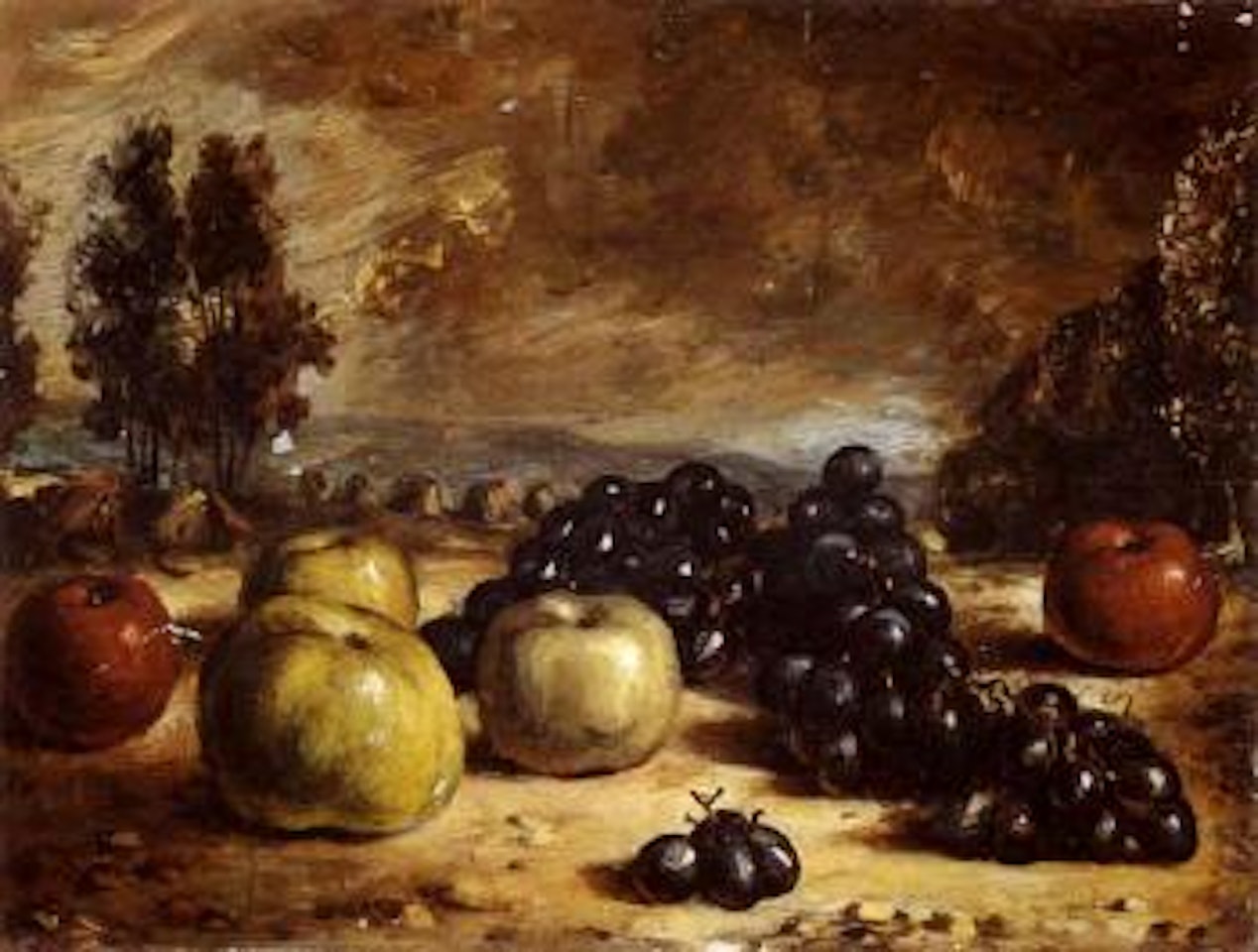 Silent life with grapes and apples. Young woman by Giorgio de Chirico