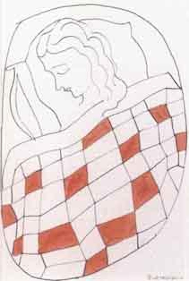 Girl under a chequered bedspread by Charles Blackman